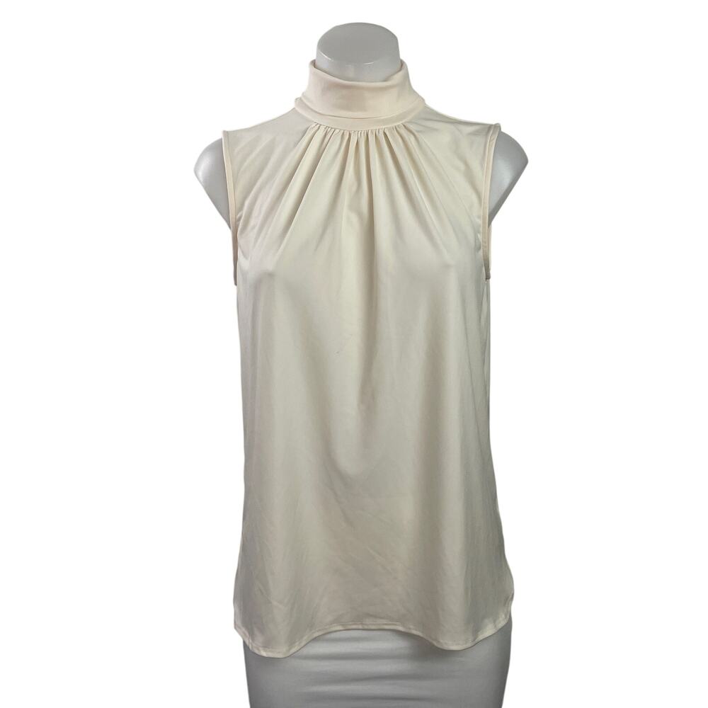 Susan Graver Women's Cream Sleeveless Mock Neck Pleated Soft Blouse Top Size XXS